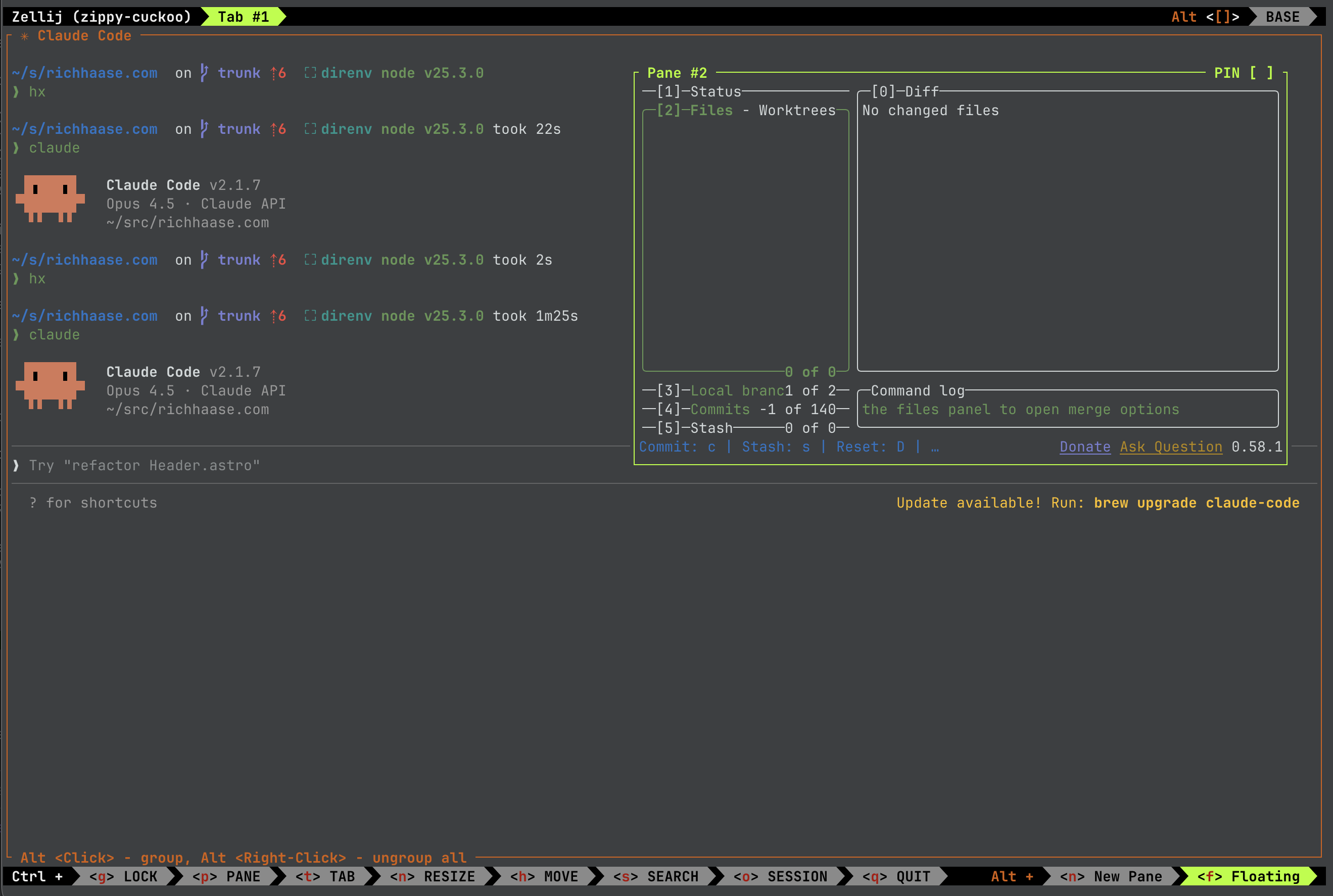 Agent-centric Zellij layout with floating lazygit