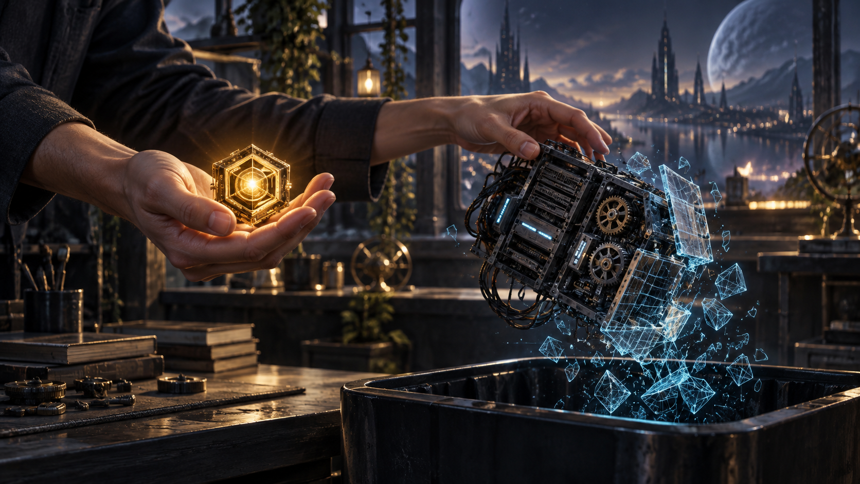 A person keeps a glowing golden core while an elaborate machine dissolves into blue fragments.